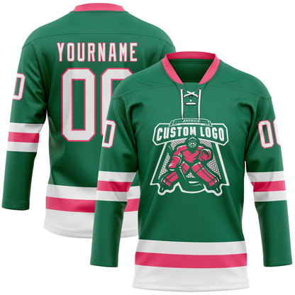 Custom Kelly Green White-Neon Pink Hockey Lace Neck Jersey - Sky-Custom