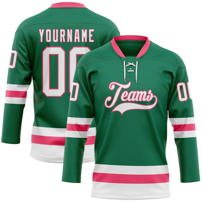 Custom Kelly Green White-Neon Pink Hockey Lace Neck Jersey - Sky-Custom