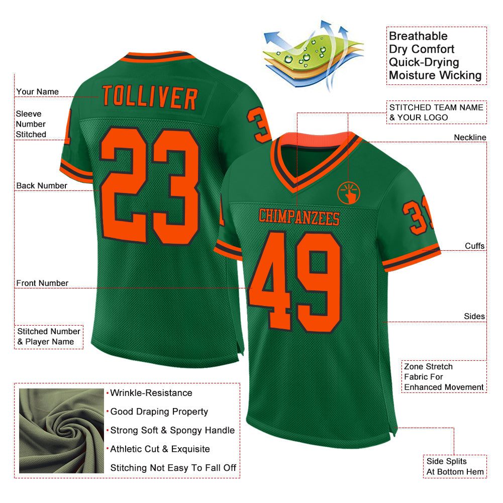 Custom Kelly Green Orange-Black Mesh Authentic Throwback Football Jersey - Sky-Custom