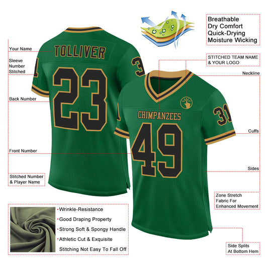 Custom Kelly Green Black-Old Gold Mesh Authentic Throwback Football Jersey - Sky-Custom