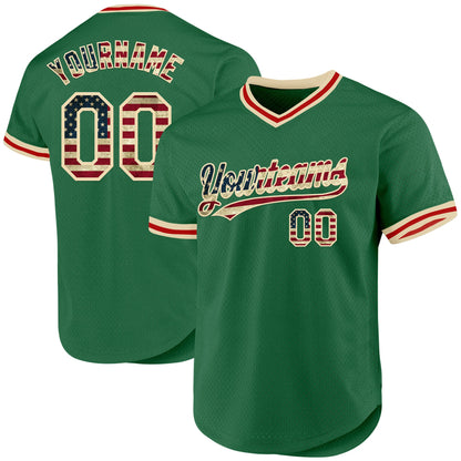 Custom Kelly Green Vintage USA Flag Cream-Red Authentic Throwback Baseball Jersey - Sky-Custom