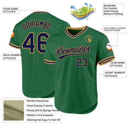 Custom Kelly Green Navy-Old Gold Authentic Throwback Baseball Jersey - Sky-Custom