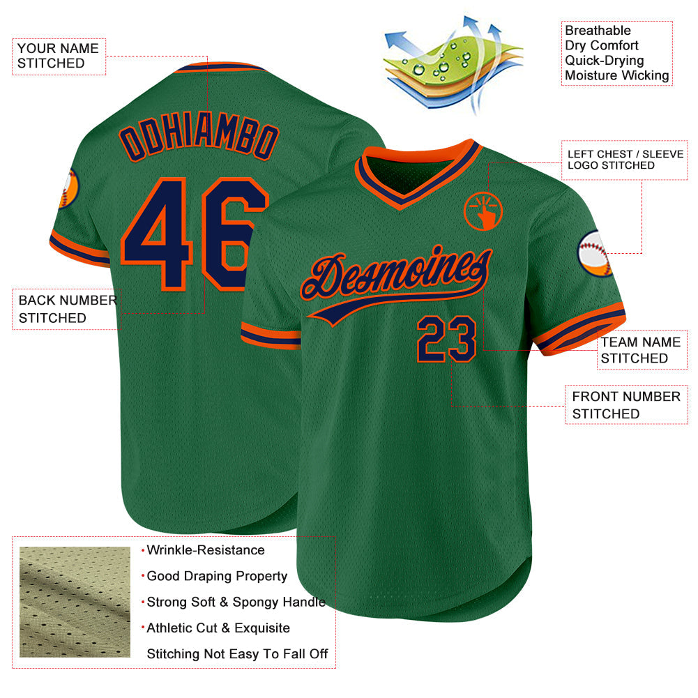 Custom Kelly Green Navy-Orange Authentic Throwback Baseball Jersey - Sky-Custom