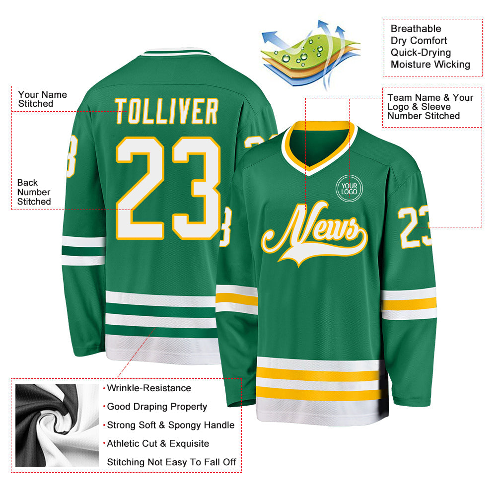 Custom Kelly Green White-Gold Hockey Jersey - Sky-Custom