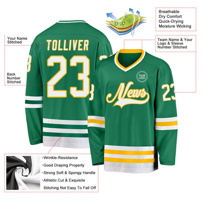 Custom Kelly Green White-Gold Hockey Jersey - Sky-Custom