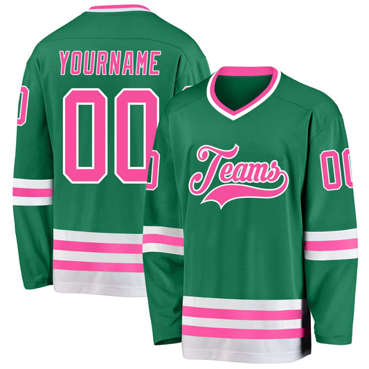 Custom Kelly Green Pink-White Hockey Jersey - Sky-Custom