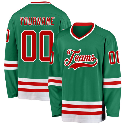 Custom Kelly Green Red-White Hockey Jersey - Sky-Custom