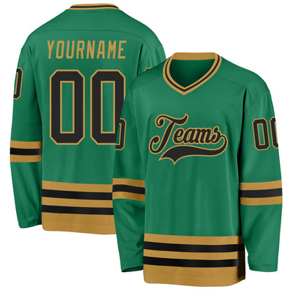 Custom Kelly Green Black-Old Gold Hockey Jersey - Sky-Custom