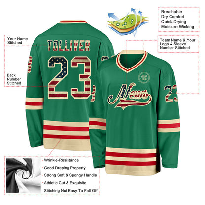 Custom Kelly Green Vintage USA Flag Cream-Red Hockey Jersey - Sky-Custom