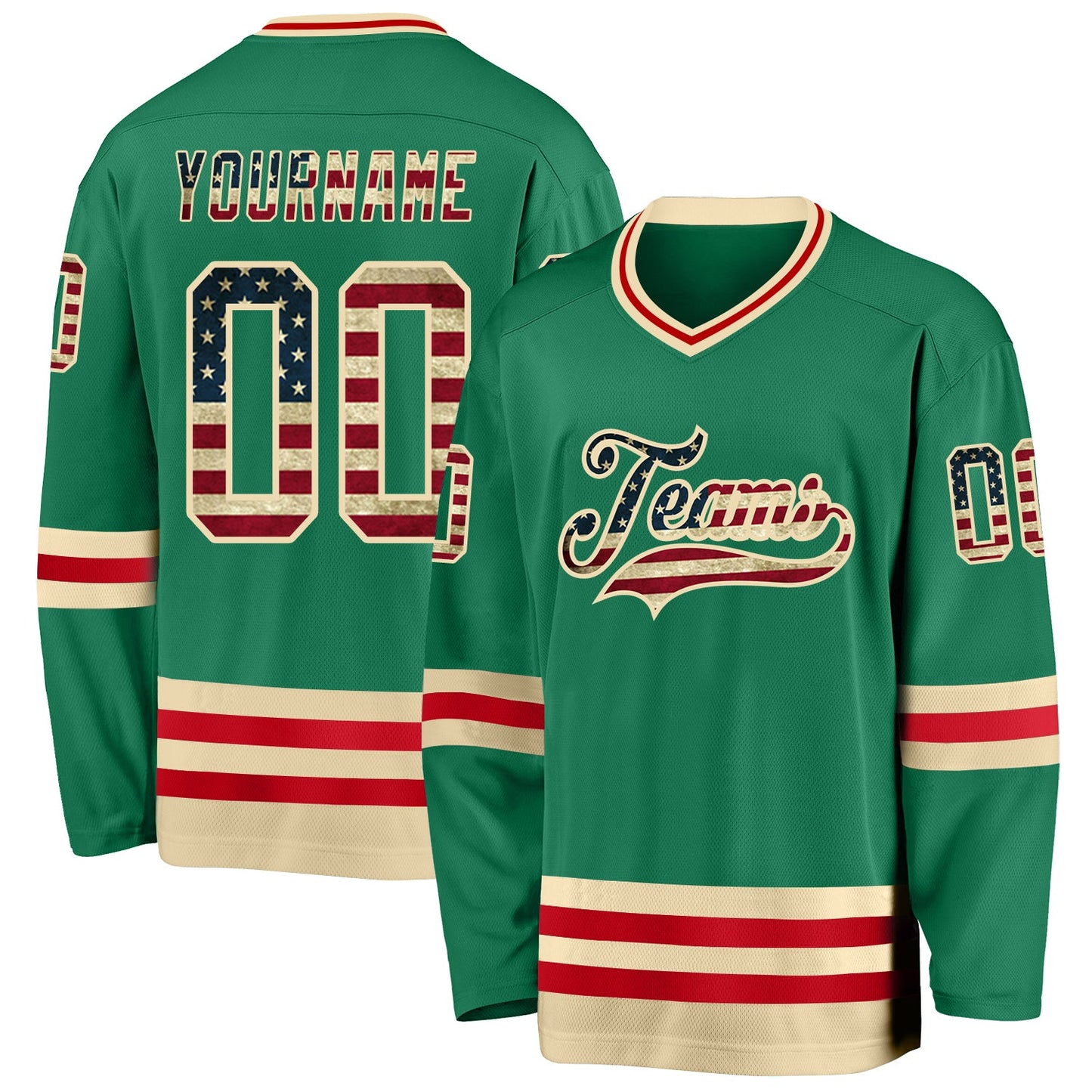 Custom Kelly Green Vintage USA Flag Cream-Red Hockey Jersey - Sky-Custom