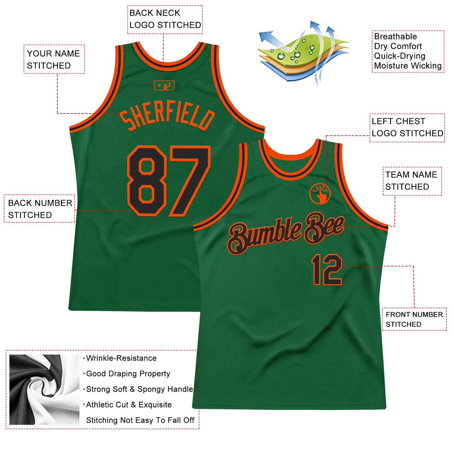 Custom Kelly Green Black-Orange Authentic Throwback Basketball Jersey - Sky-Custom