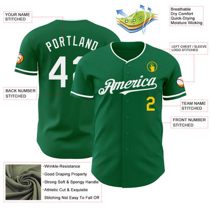 Custom Kelly Green White-Yellow Authentic Baseball Jersey - Sky-Custom