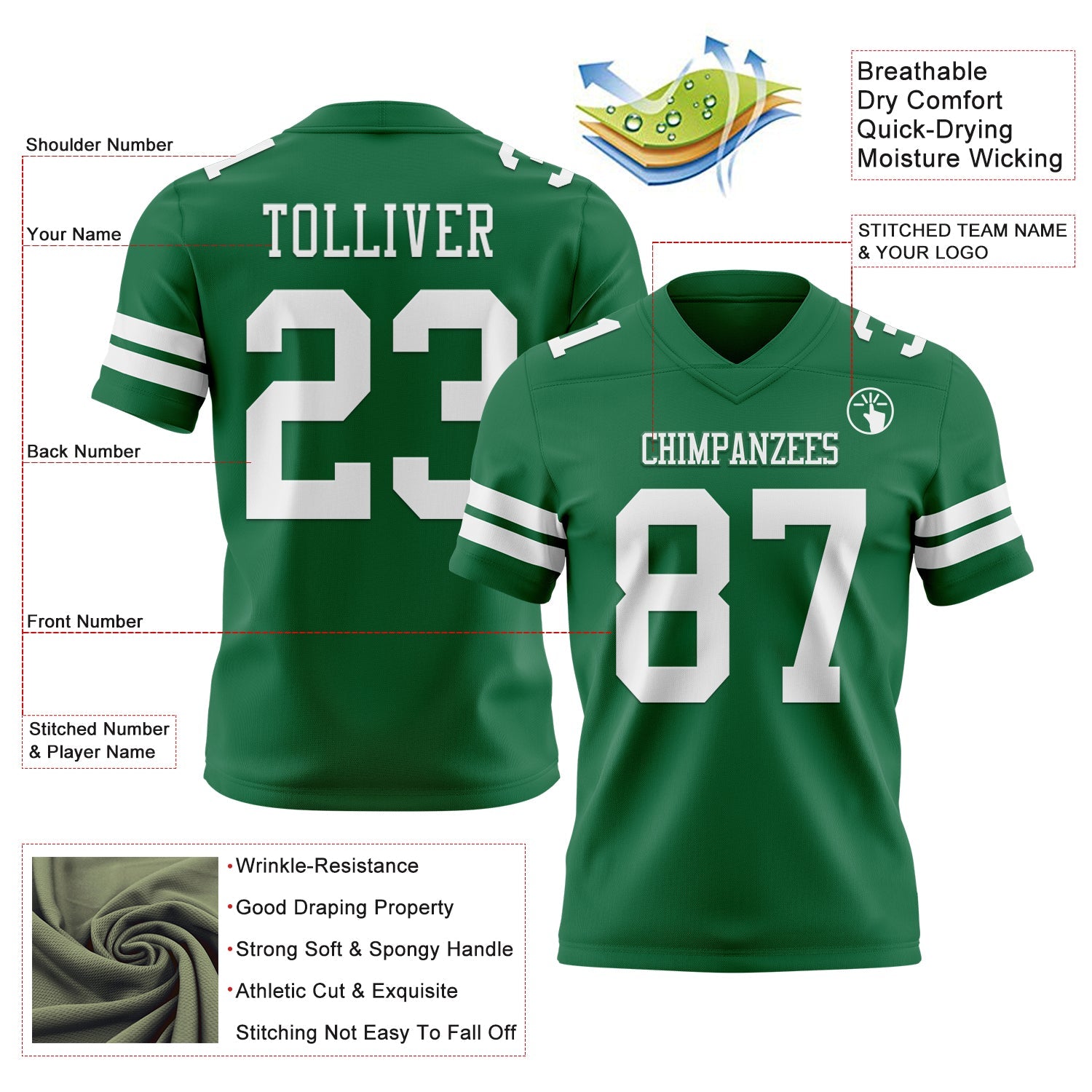 Custom Kelly Green White Mesh Authentic Football Jersey - Sky-Custom