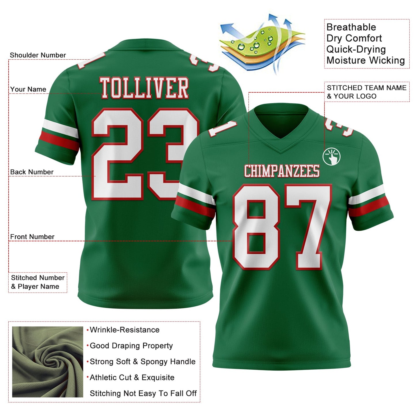 Custom Kelly Green White-Red Mesh Authentic Football Jersey - Sky-Custom