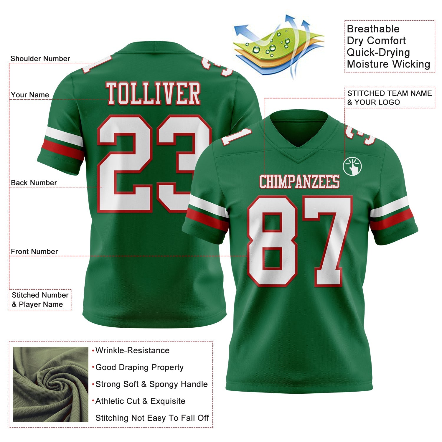 Custom Kelly Green White-Red Mesh Authentic Football Jersey - Sky-Custom