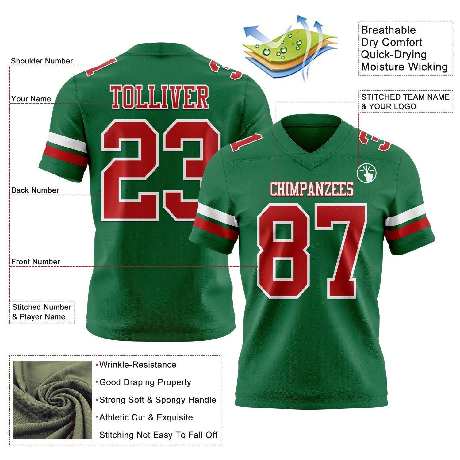 Custom Kelly Green Red-White Mesh Authentic Football Jersey - Sky-Custom