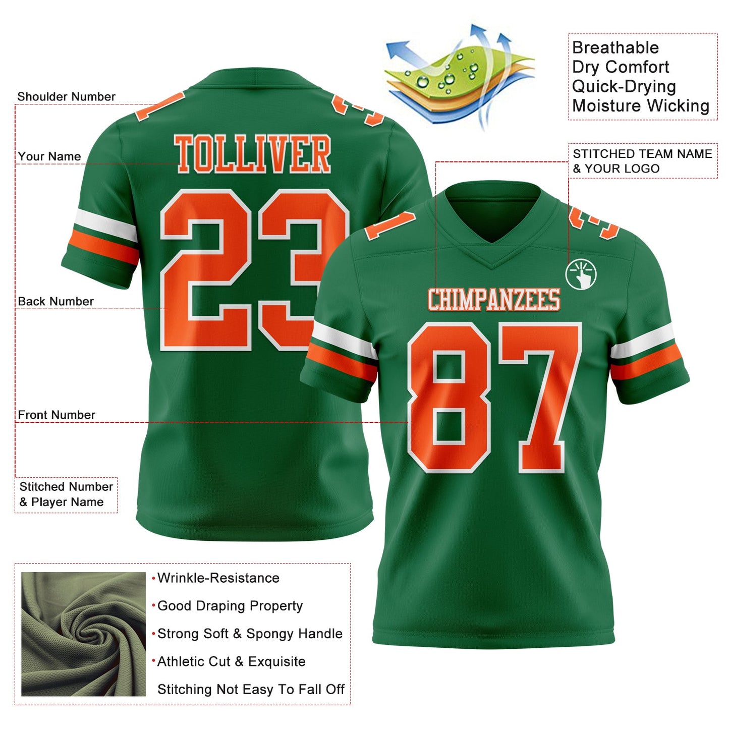 Custom Kelly Green Orange-White Mesh Authentic Football Jersey - Sky-Custom