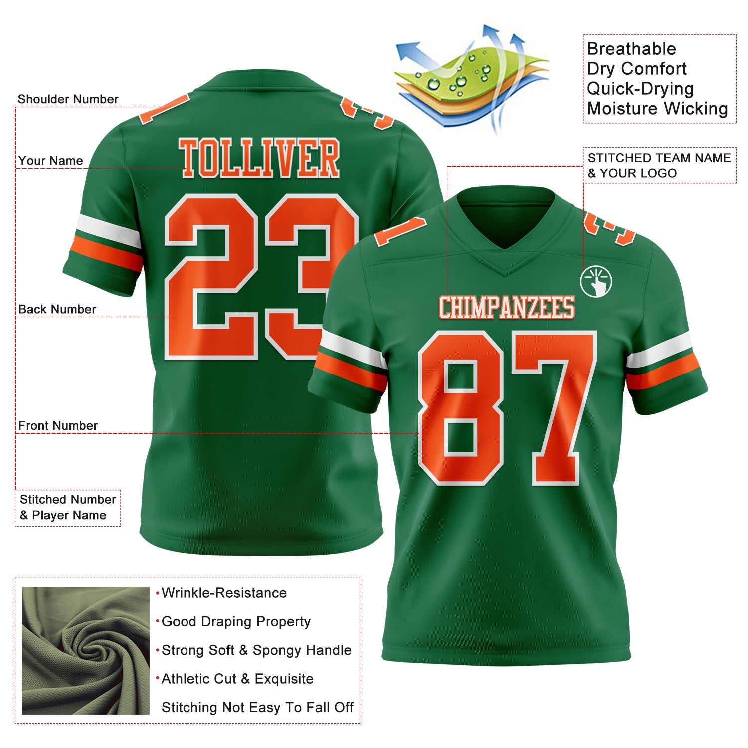 Custom Kelly Green Orange-White Mesh Authentic Football Jersey - Sky-Custom