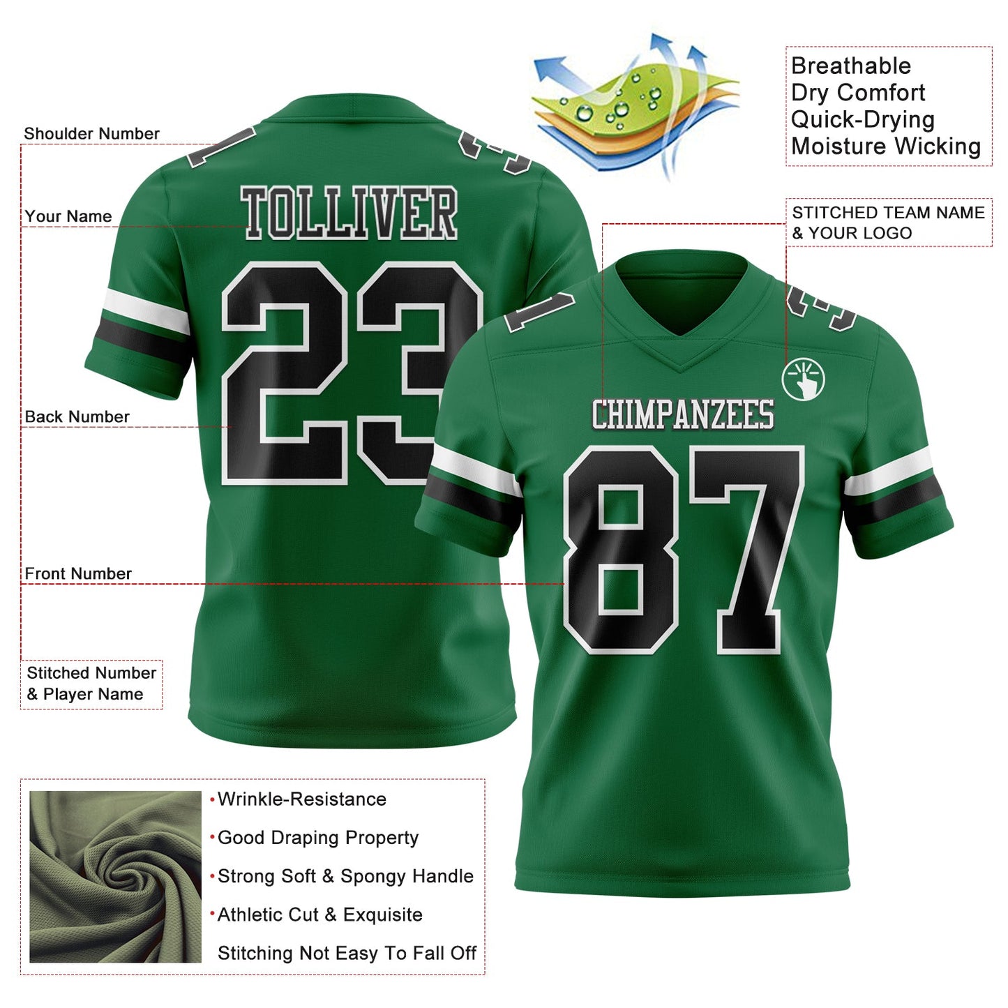 Custom Kelly Green Black-White Mesh Authentic Football Jersey - Sky-Custom