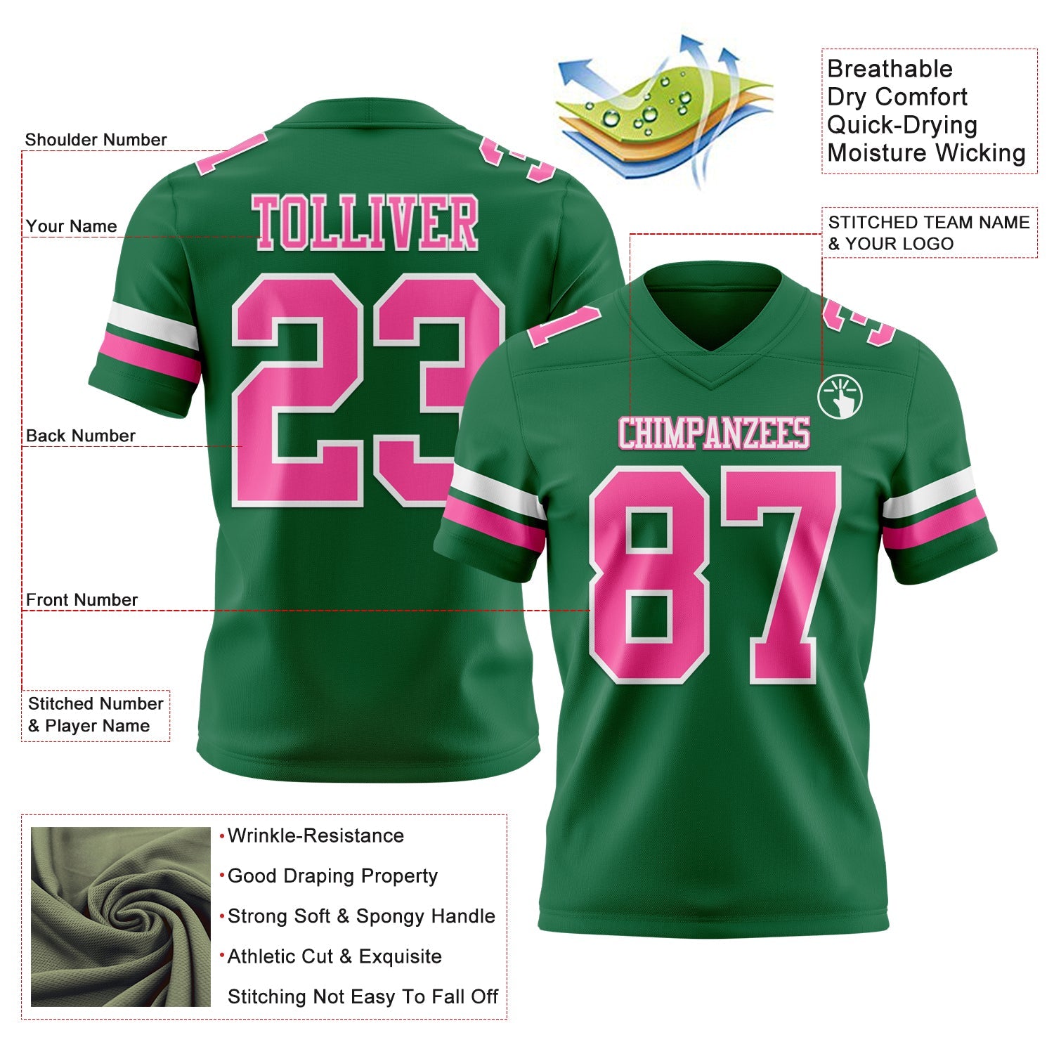 Custom Kelly Green Pink-White Mesh Authentic Football Jersey - Sky-Custom