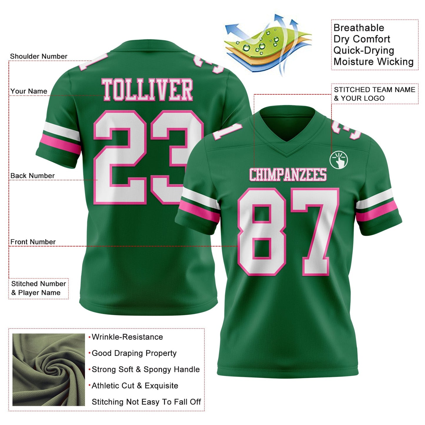 Custom Kelly Green White-Pink Mesh Authentic Football Jersey - Sky-Custom