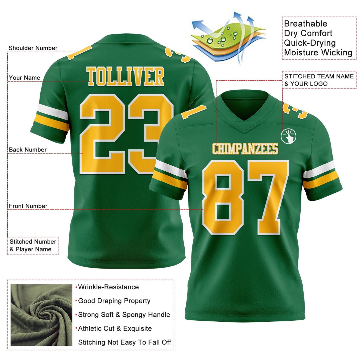 Custom Kelly Green Gold-White Mesh Authentic Football Jersey - Sky-Custom