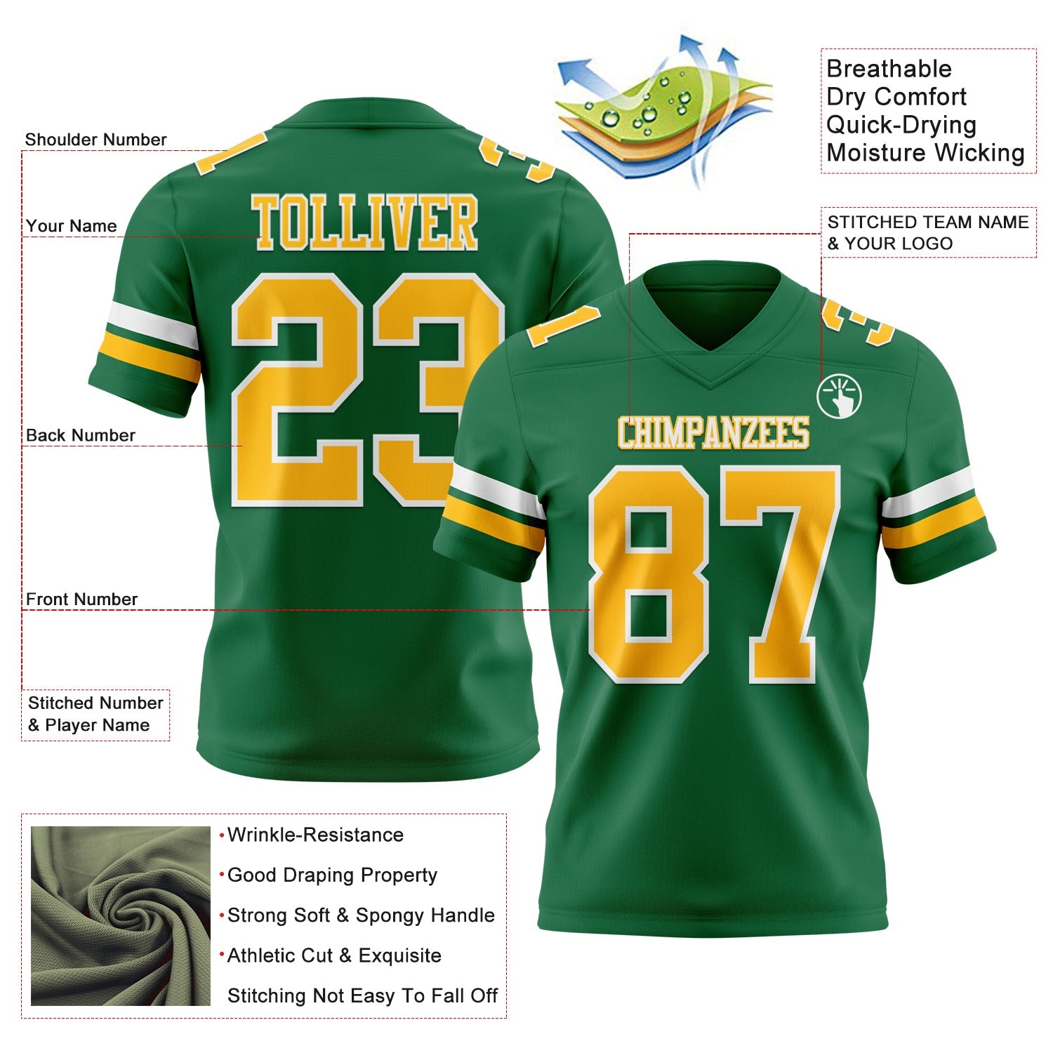Custom Kelly Green Gold-White Mesh Authentic Football Jersey - Sky-Custom
