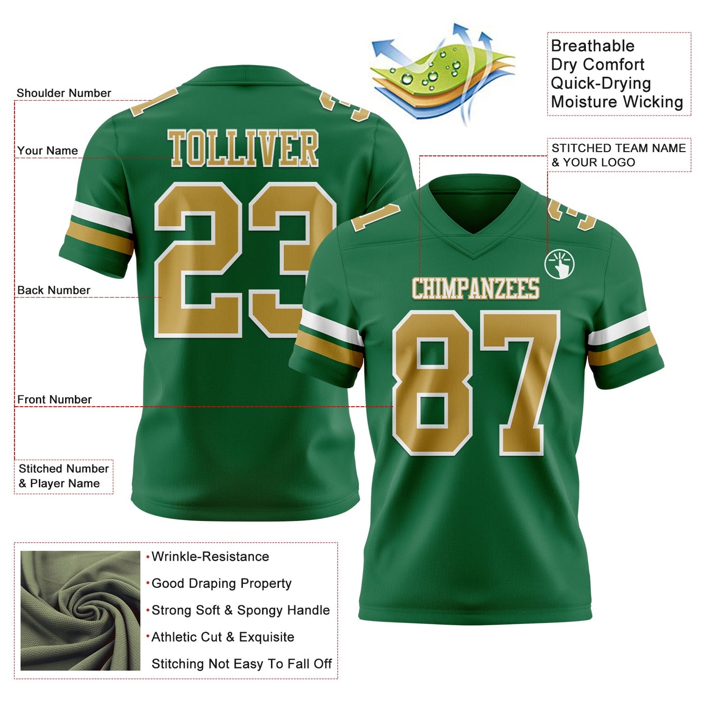 Custom Kelly Green Old Gold-White Mesh Authentic Football Jersey - Sky-Custom