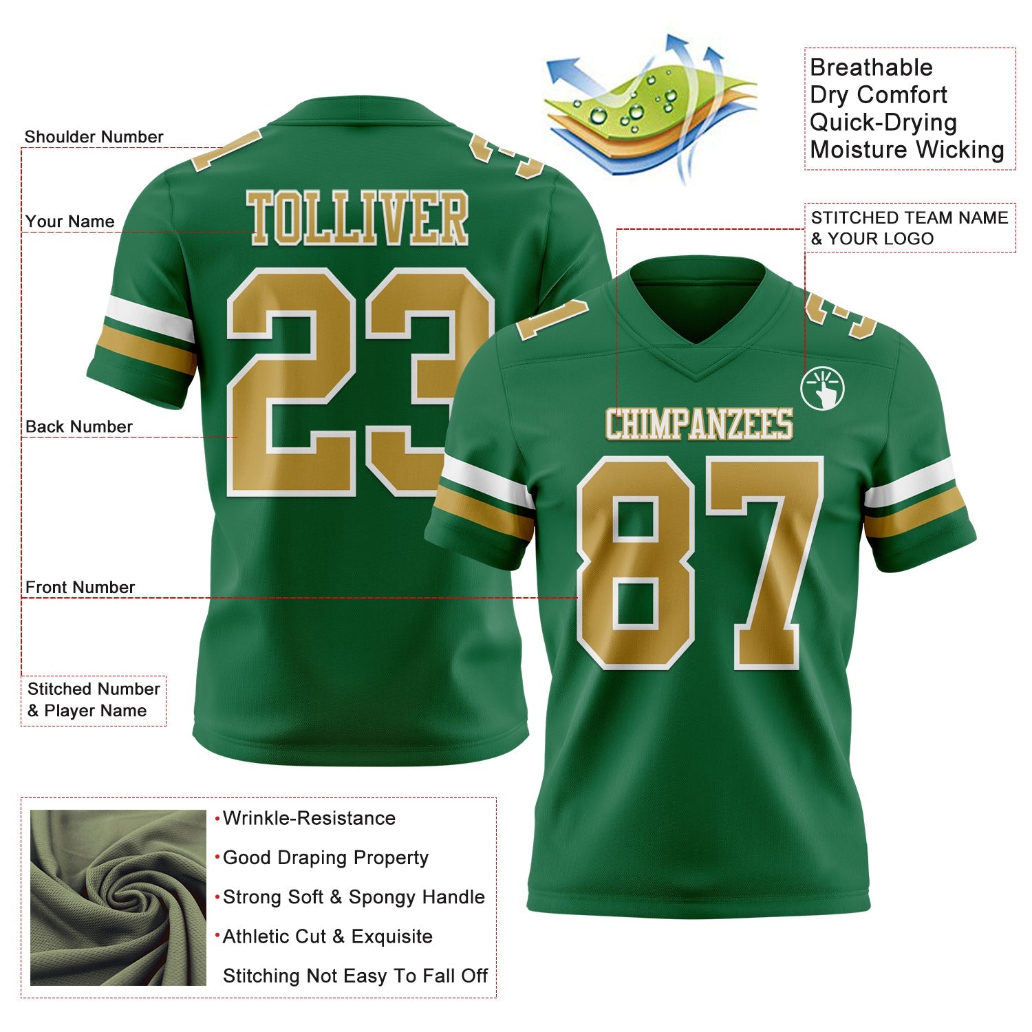 Custom Kelly Green Old Gold-White Mesh Authentic Football Jersey - Sky-Custom