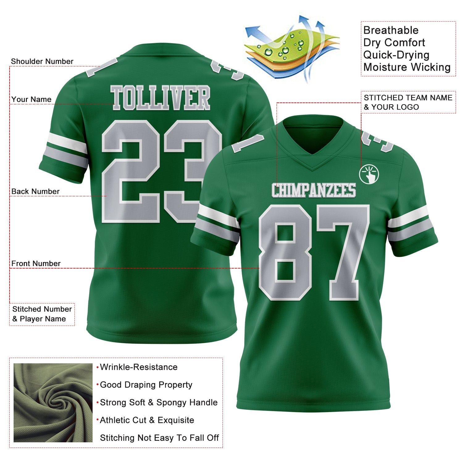 Custom Kelly Green Gray-White Mesh Authentic Football Jersey - Sky-Custom