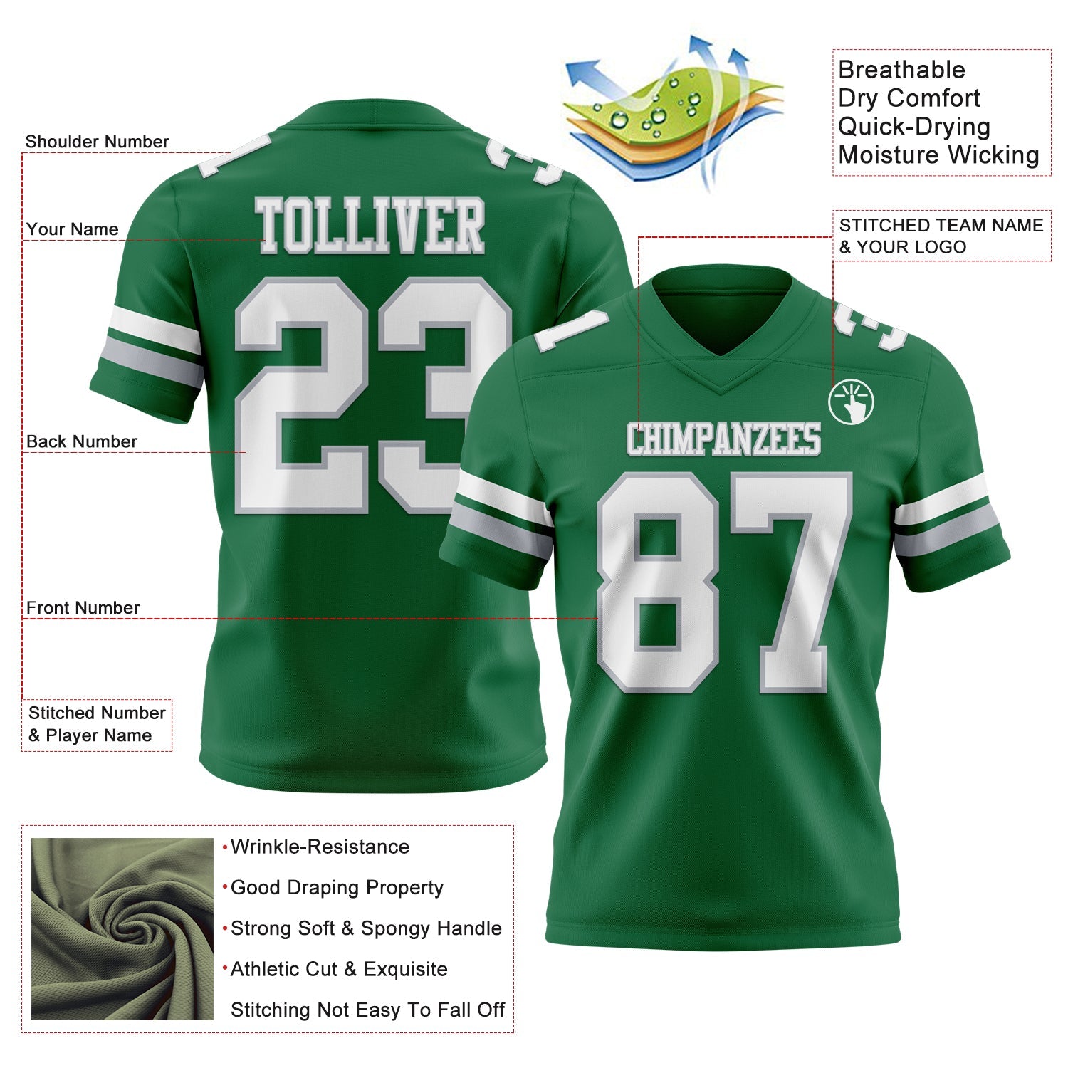 Custom Kelly Green White-Gray Mesh Authentic Football Jersey - Sky-Custom