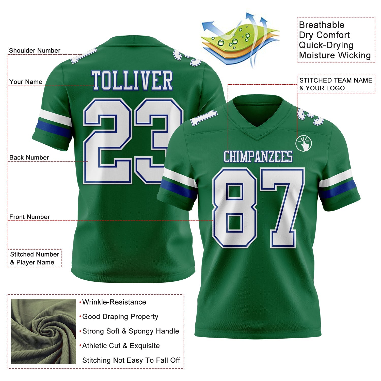 Custom Kelly Green White-Royal Mesh Authentic Football Jersey - Sky-Custom