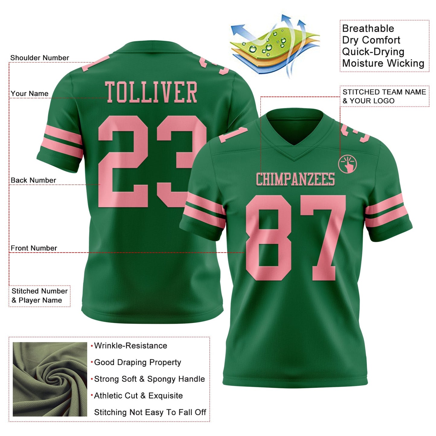 Custom Kelly Green Medium Pink Mesh Authentic Football Jersey - Sky-Custom