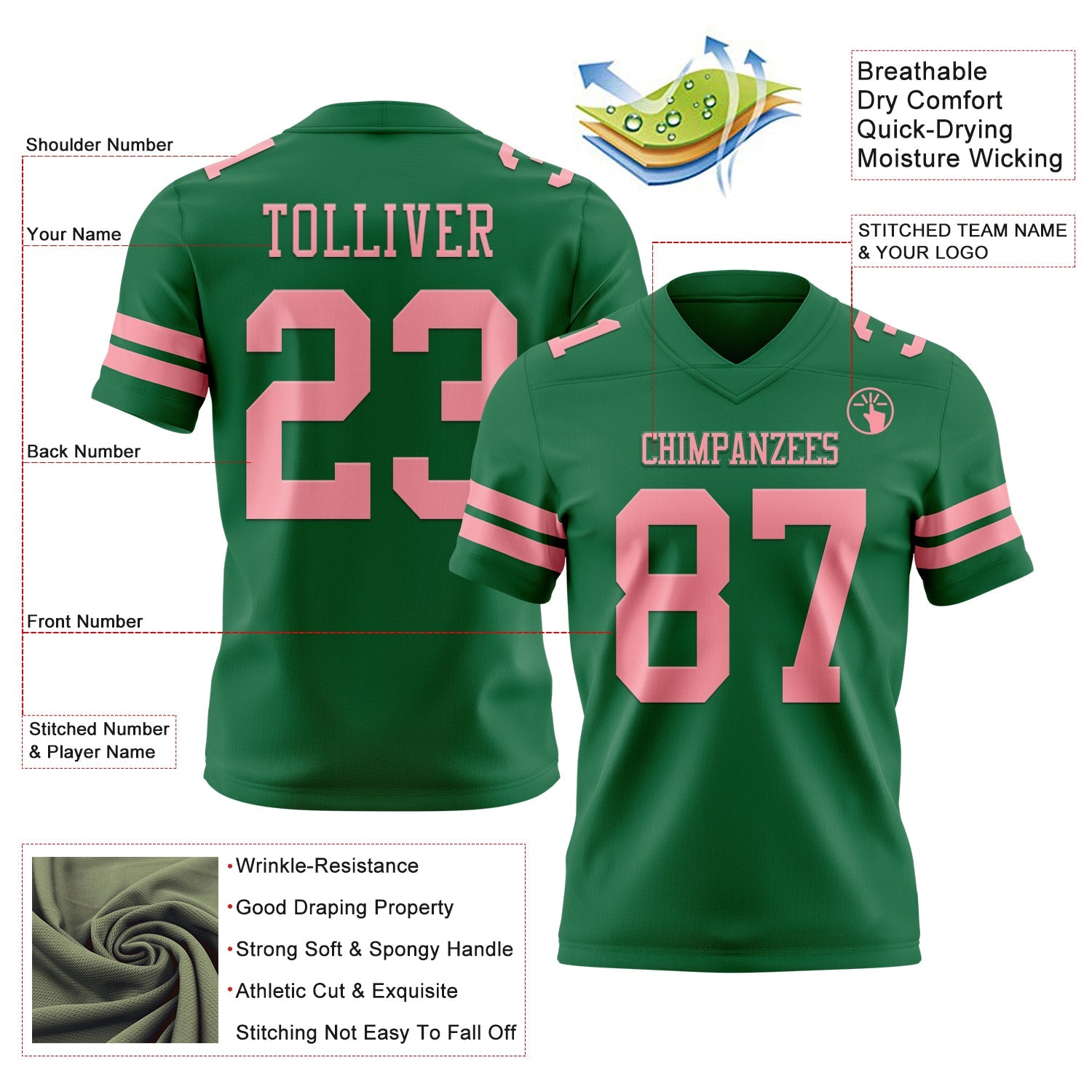Custom Kelly Green Medium Pink Mesh Authentic Football Jersey - Sky-Custom