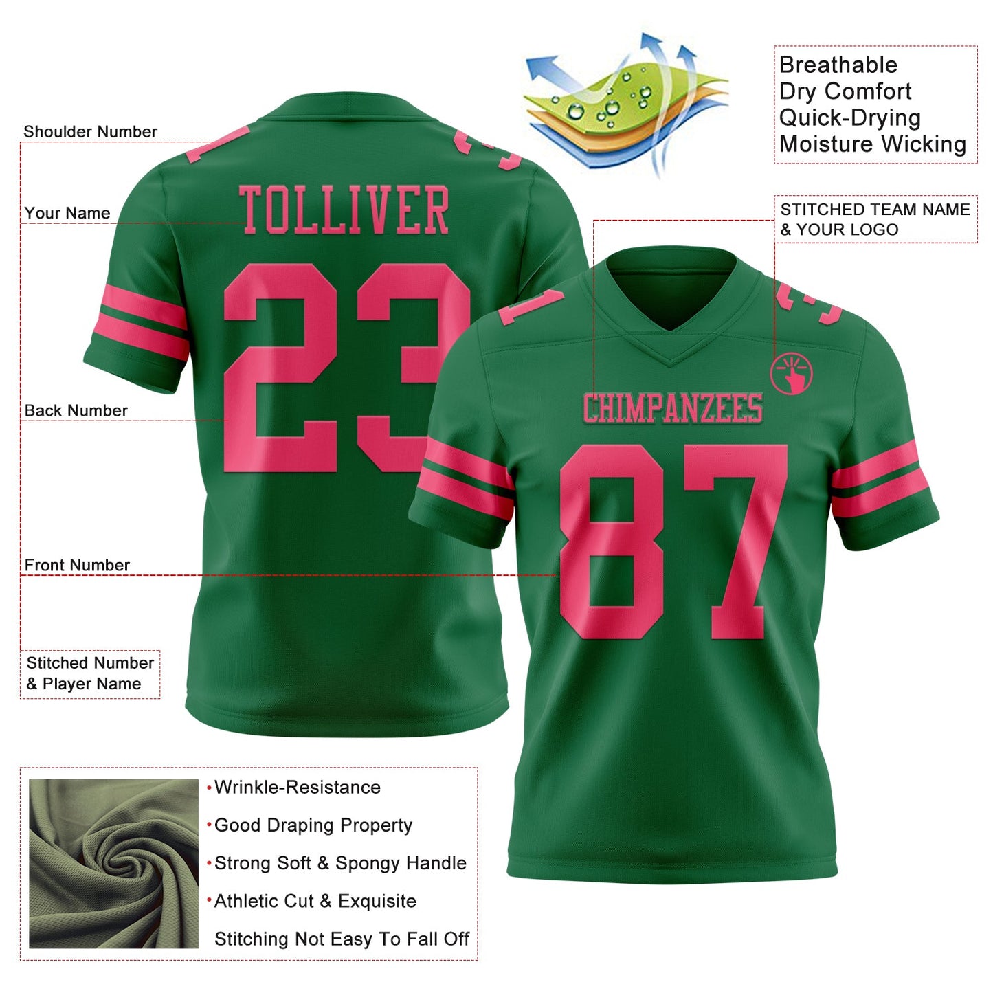Custom Kelly Green Neon Pink Mesh Authentic Football Jersey - Sky-Custom
