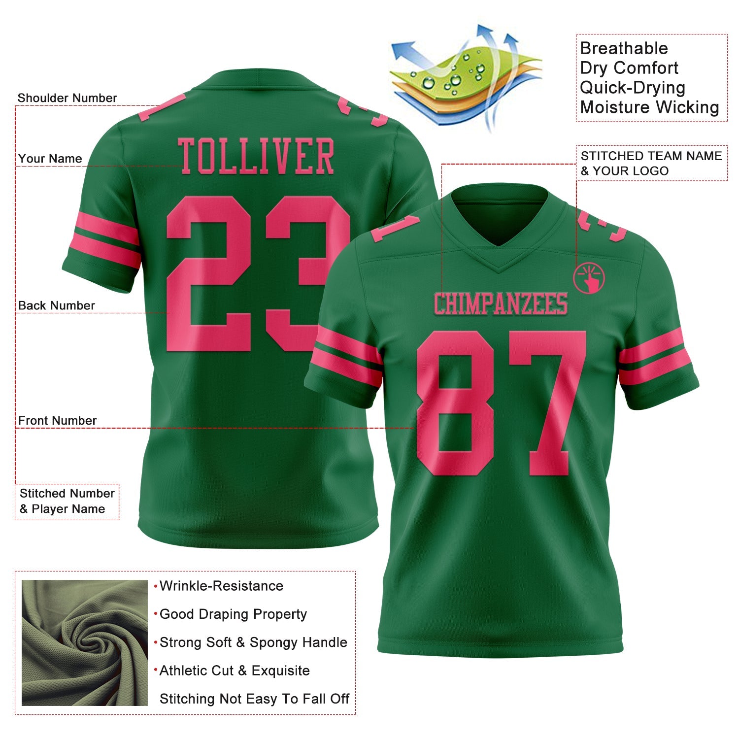 Custom Kelly Green Neon Pink Mesh Authentic Football Jersey - Sky-Custom