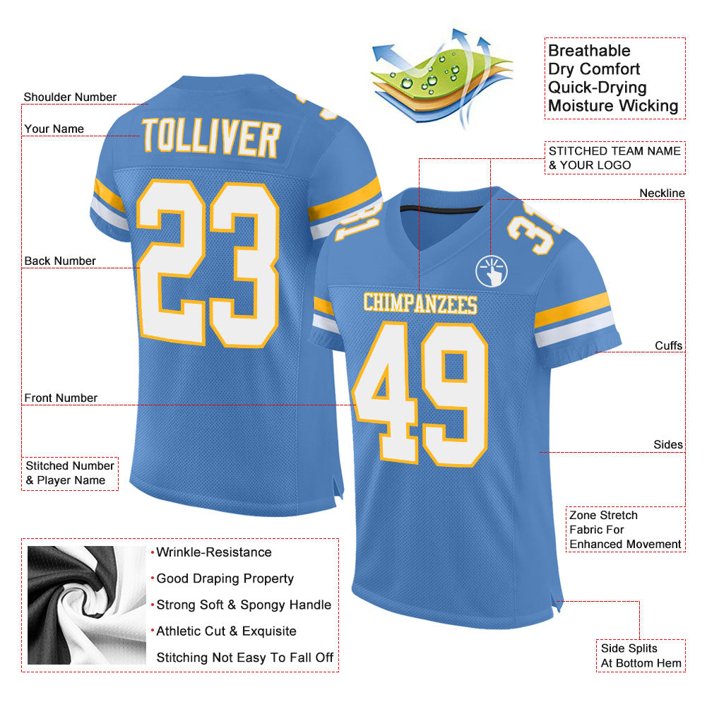 Custom Light Blue White-Gold Mesh Authentic Football Jersey - Sky-Custom