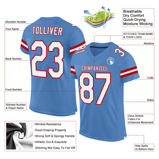 Custom Light Blue White-Red Mesh Authentic Football Jersey - Sky-Custom