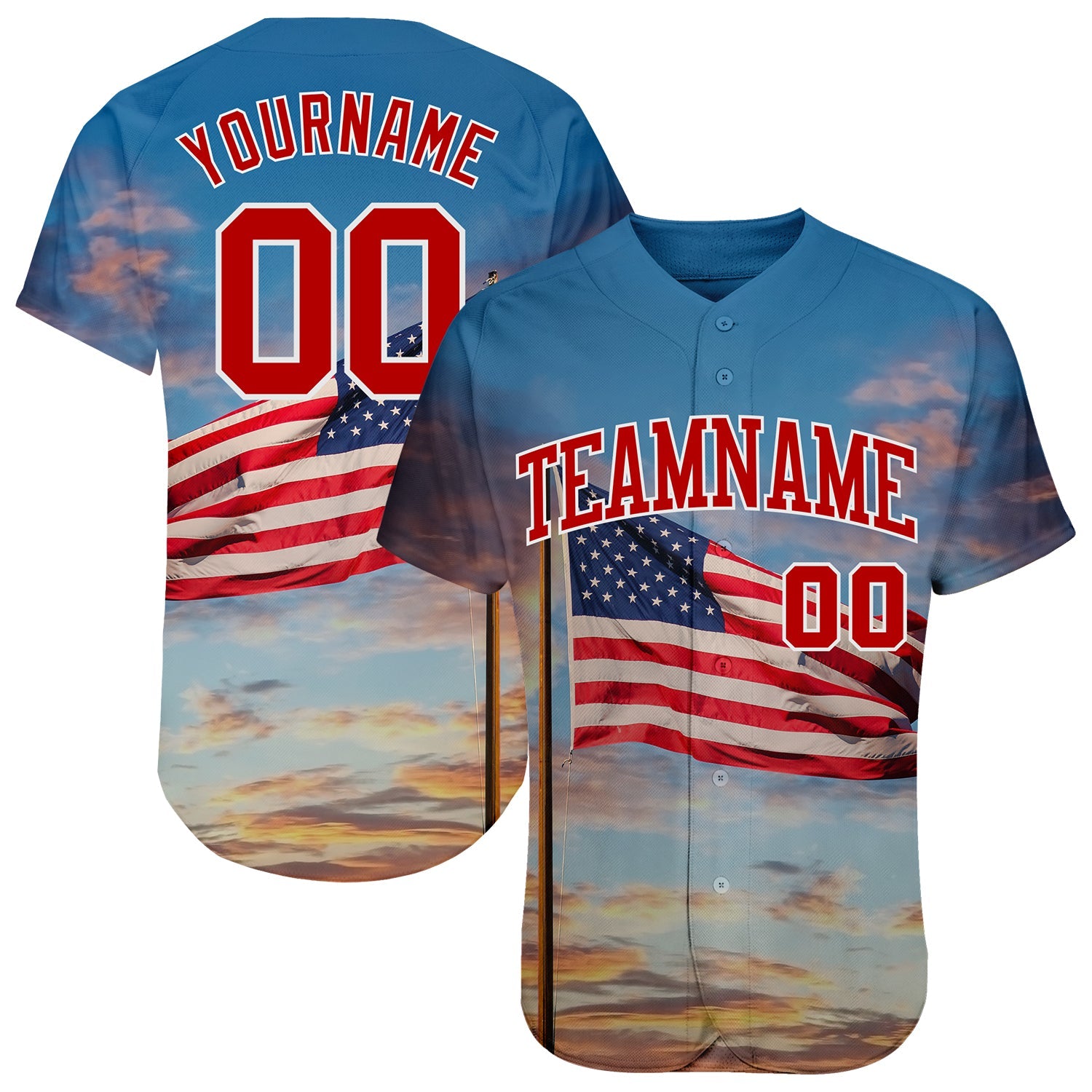 Custom Light Blue Red-White 3D American Flag Fashion Authentic Baseball Jersey - Sky-Custom