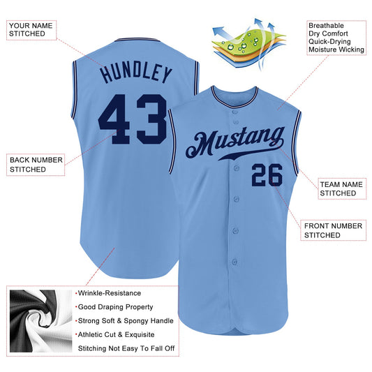 Custom Light Blue Navy-White Authentic Sleeveless Baseball Jersey - Sky-Custom