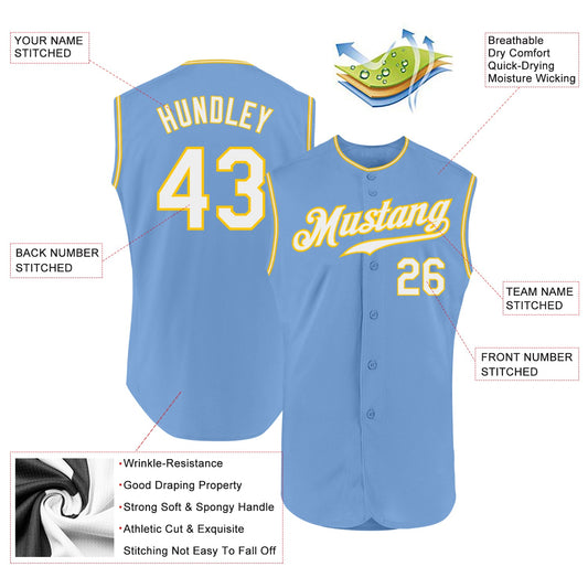Custom Light Blue White-Gold Authentic Sleeveless Baseball Jersey - Sky-Custom