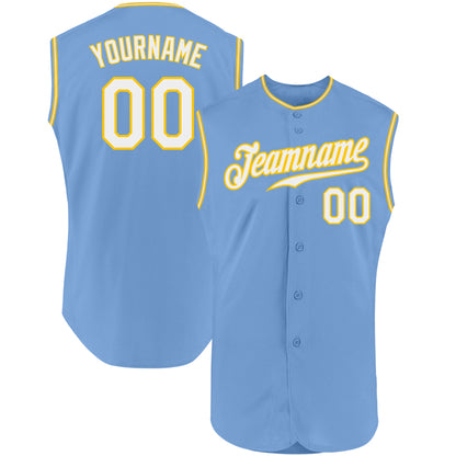 Custom Light Blue White-Gold Authentic Sleeveless Baseball Jersey - Sky-Custom