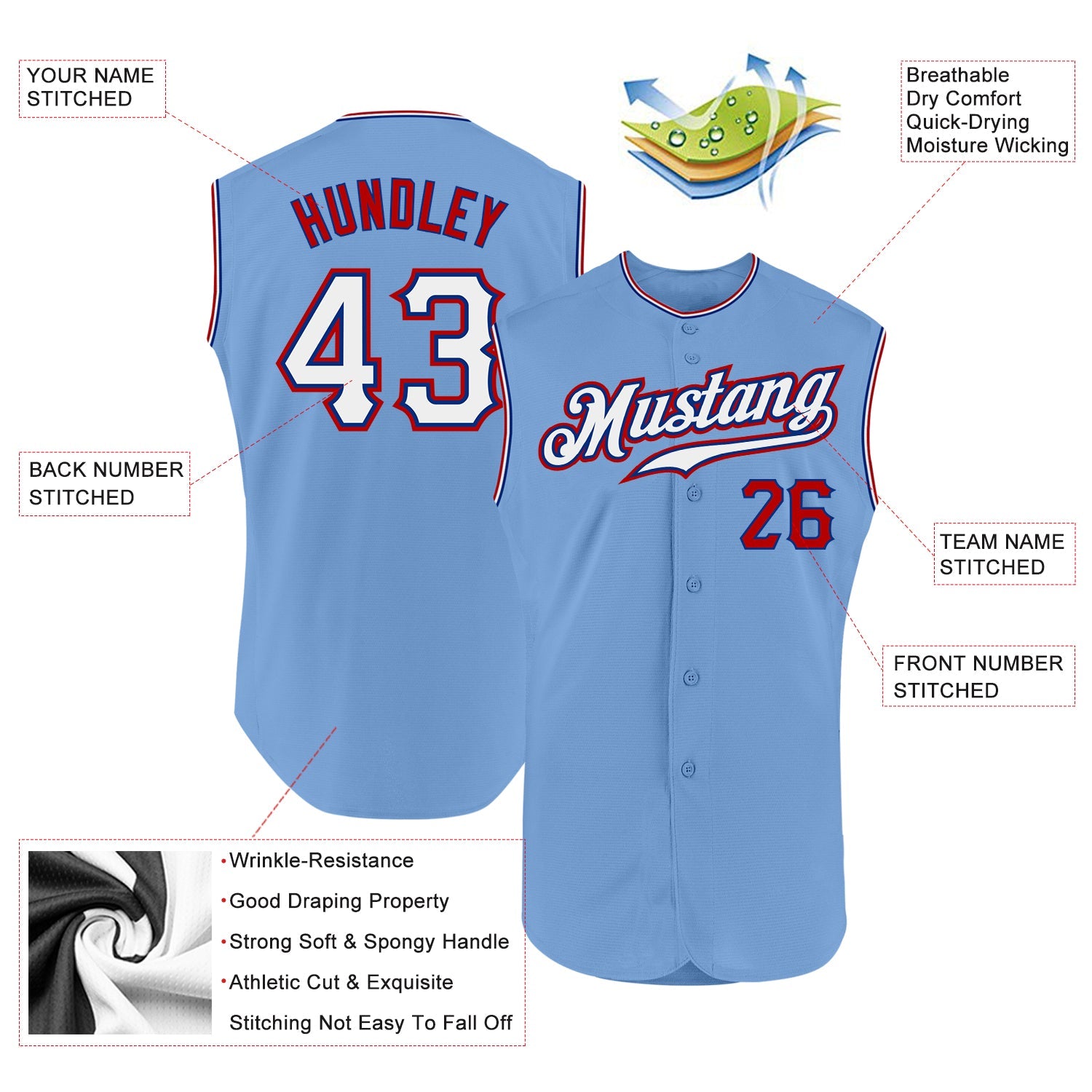 Custom Light Blue White-Red Authentic Sleeveless Baseball Jersey - Sky-Custom