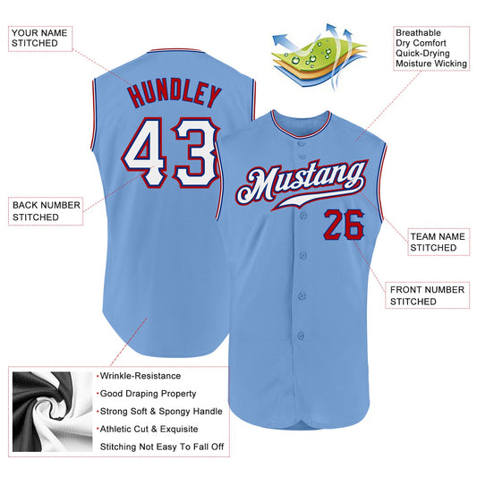 Custom Light Blue White-Red Authentic Sleeveless Baseball Jersey - Sky-Custom