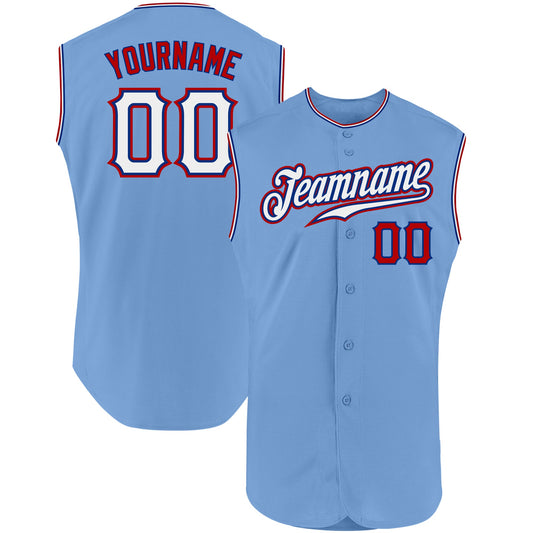 Custom Light Blue White-Red Authentic Sleeveless Baseball Jersey - Sky-Custom