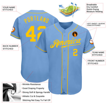 Custom Light Blue Gold Authentic Baseball Jersey - Sky-Custom
