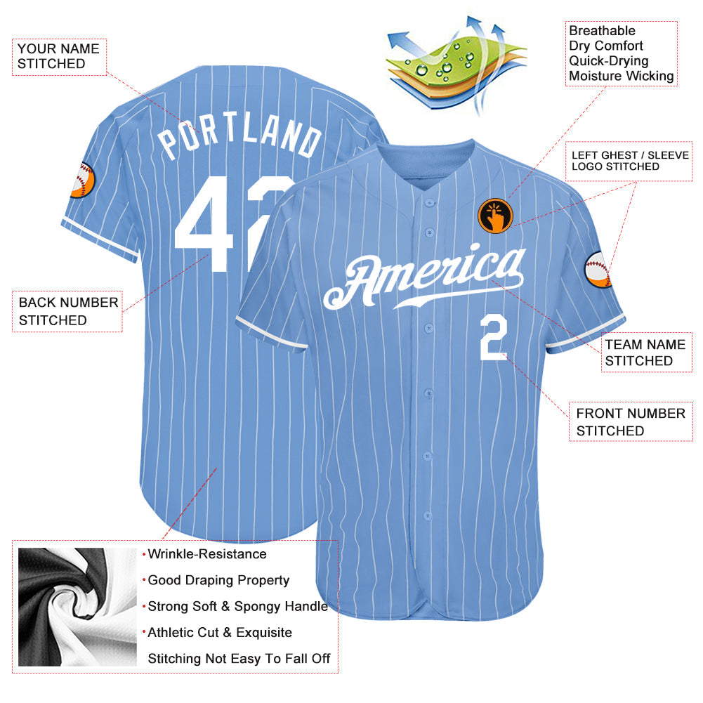 Custom Light Blue White Pinstripe White Authentic Baseball Jersey - Sky-Custom