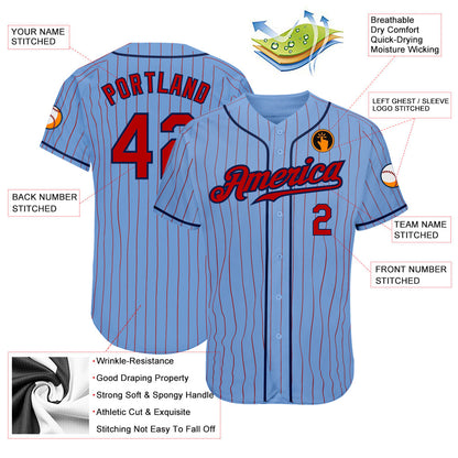 Custom Light Blue Red Pinstripe Red-Navy Authentic Baseball Jersey - Sky-Custom