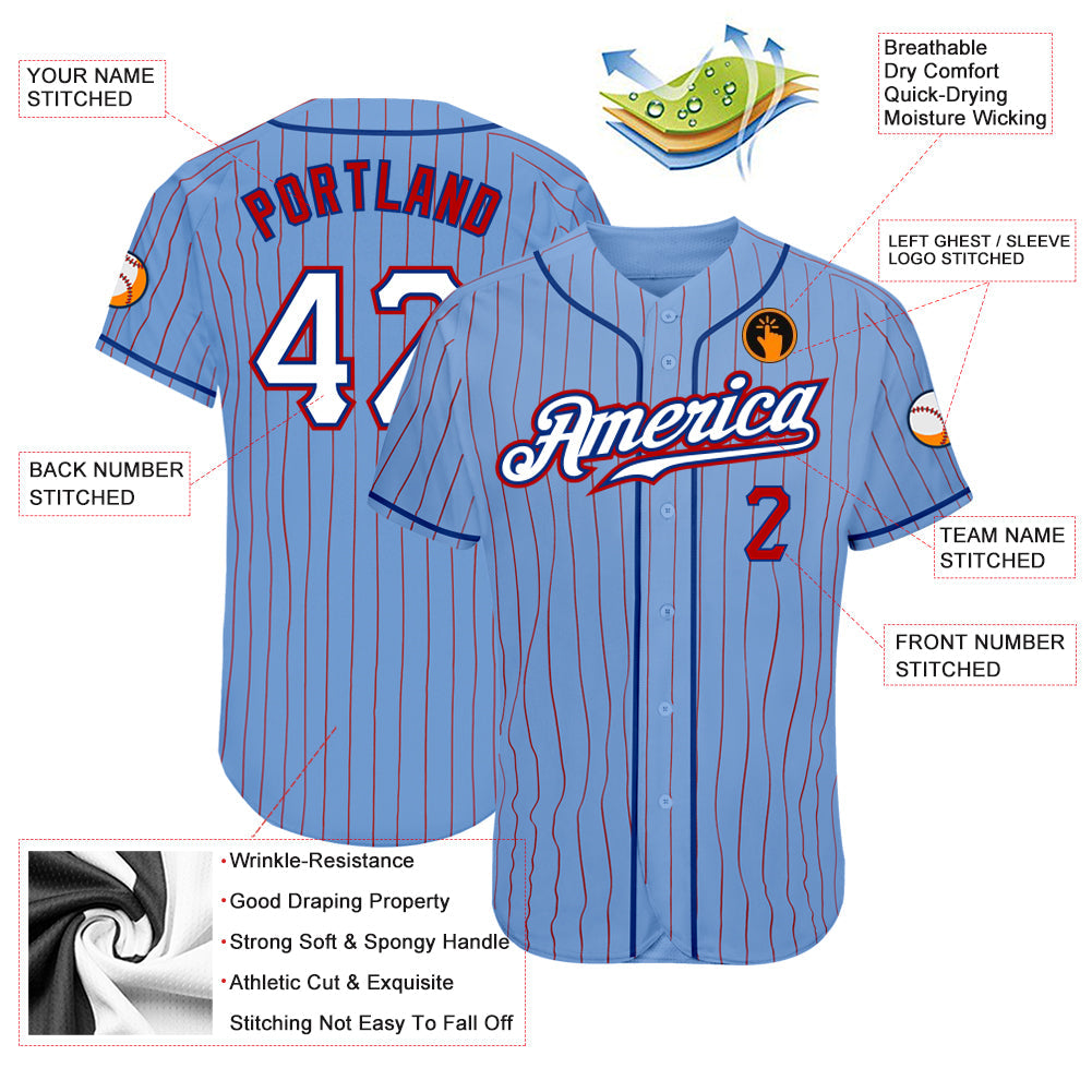 Custom Light Blue Red Pinstripe White-Royal Authentic Baseball Jersey - Sky-Custom