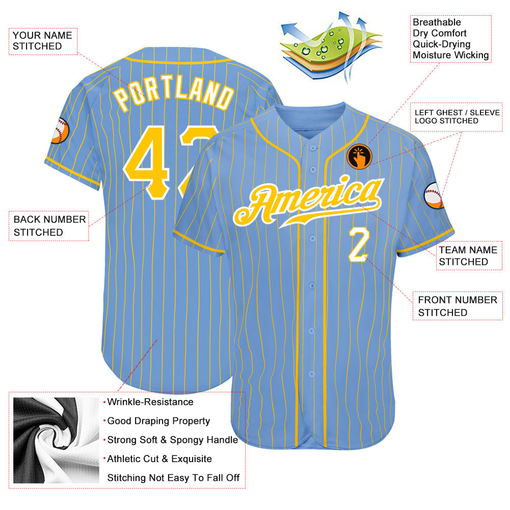 Custom Light Blue Gold Pinstripe Gold-White Authentic Baseball Jersey - Sky-Custom